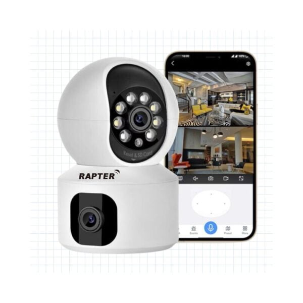 RAPTER Dual Lens Wifi ip 360° Camera 1920 X 2160 Full HD 3mp AI (UPGRADED) CCTV Night Vision Motion Sensor Two-Way Audio Micro SD Card upto 128GB Monitor Nanny Security Indoor White